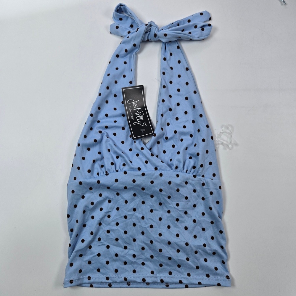 Just Polly Halter Top Women S Blue Polka Dot Surplice V-Neck Retro Top y2k NEW